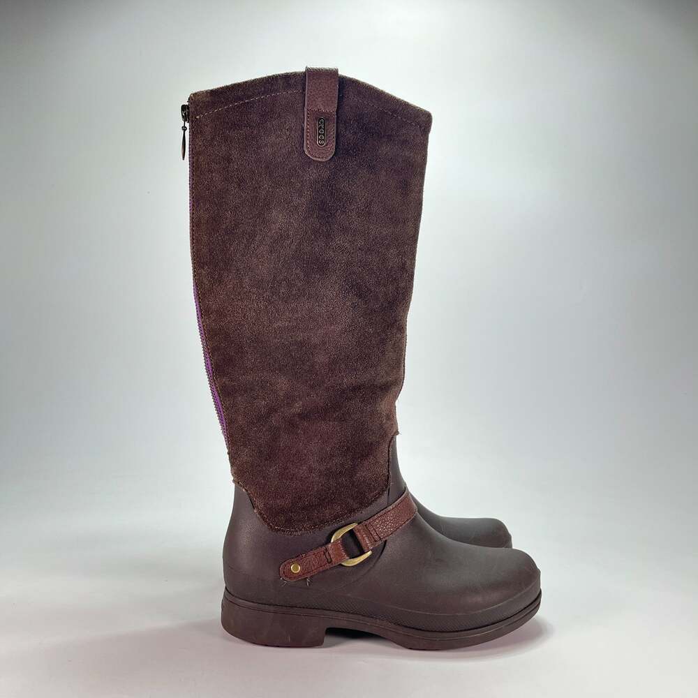 Crocs Brown Suede Purple Sole Equestrian Tall Riding Boots Women's Size 8